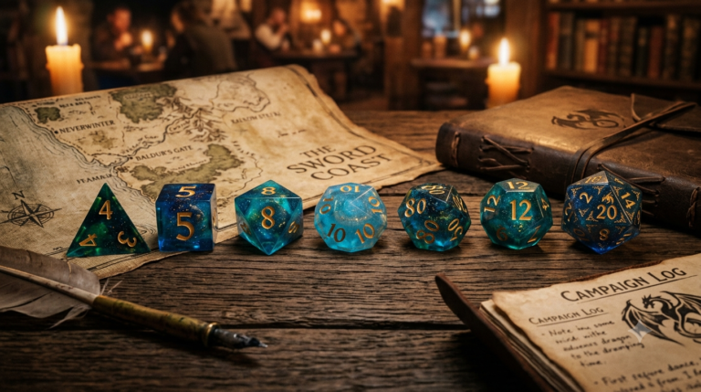Best dice sets for D&D beginners on a wooden table.