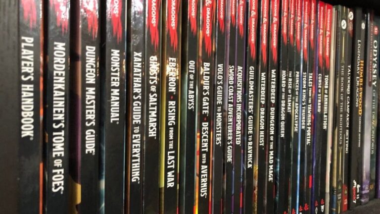 Best D&D rulebooks for beginners on a shelf.